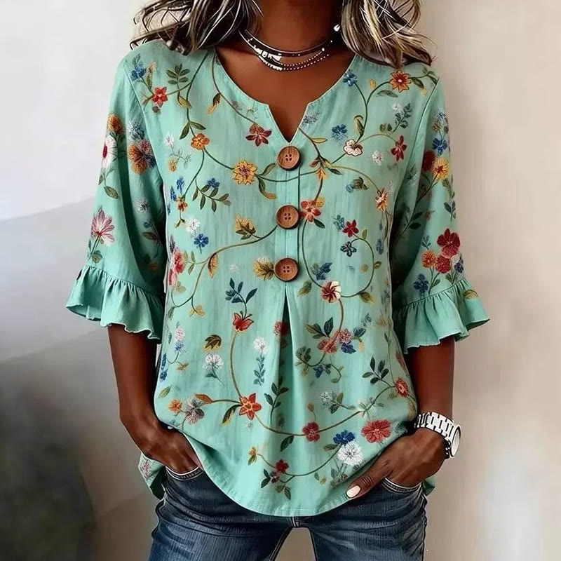 Boho Floral Print Button V-neck Blouse With Ruffle Sleeves - Green - US32-34(5XL) - image 1