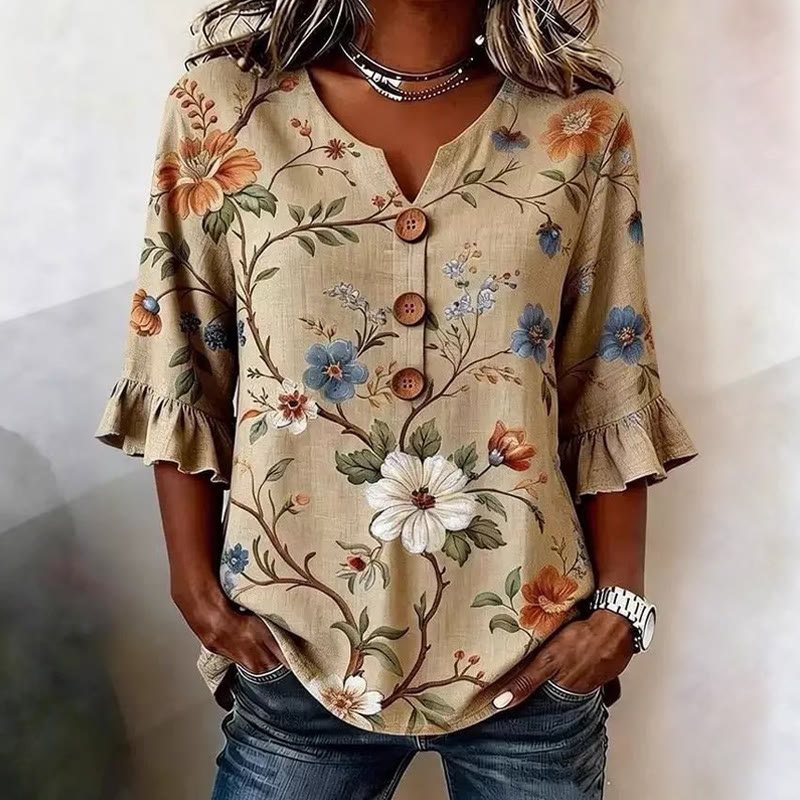 Vintage Style Casual Floral Print Button V-neck Blouse With Ruffle Sleeves - Yellow - US32-34(5XL) - image 1