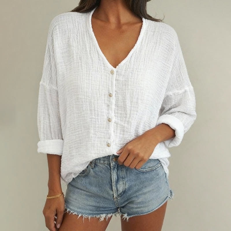Solid Casual V-neck Long Sleeve Blouse - White - 3XL - image 1