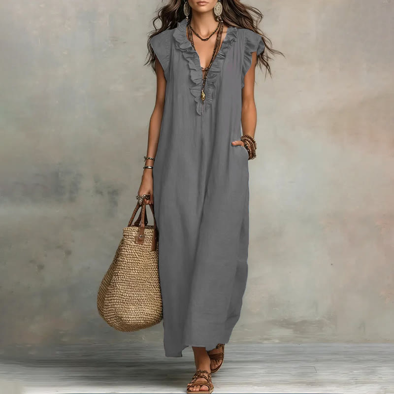 Women's Solid V-neck Sleeveless Ruffled Maxi Dress - Grey - 2XL - image 1