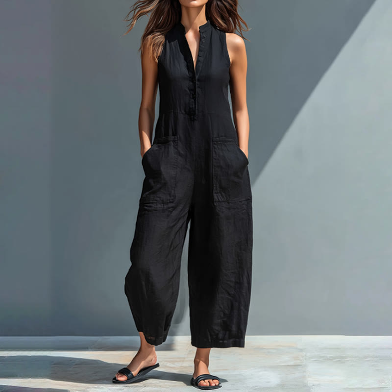 Women's Casual V-neck Sleeveless Jumpsuit With Pockets - Black - 2XL - image 1