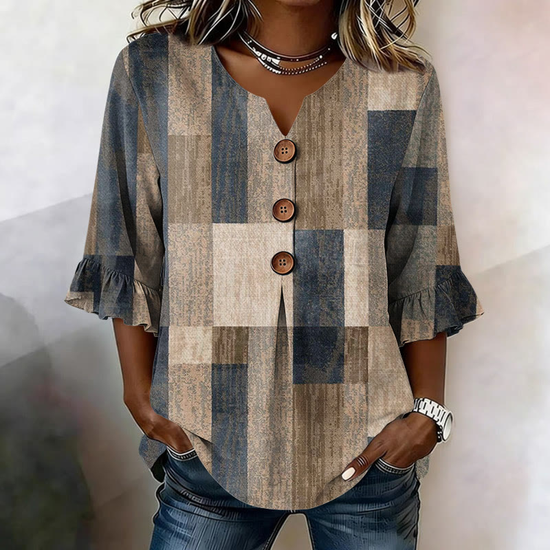 Vintage Color Block Texture Pattern Print Button V-neck Blouse With Ruffle Sleeves - Blue - US 22 (4XL) - image 1