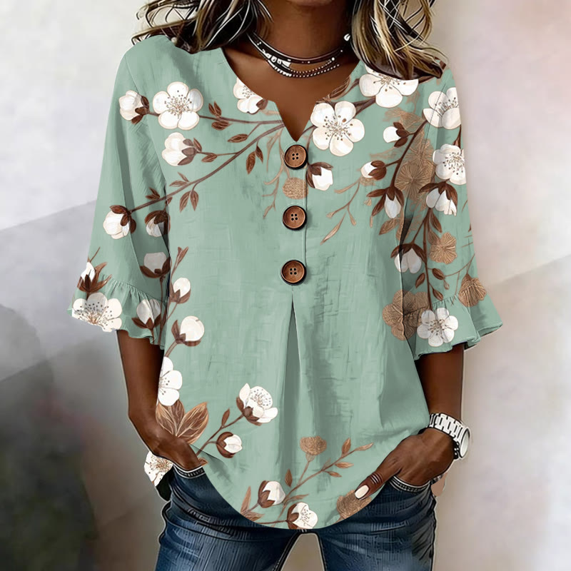 Relaxed Fit Floral Print Button V-neck Blouse With Ruffle Sleeves - Light Green - US32-34(5XL) - image 2
