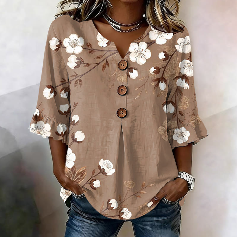 Relaxed Fit Floral Print Button V-neck Blouse With Ruffle Sleeves - Khaki - US32-34(5XL) - image 1