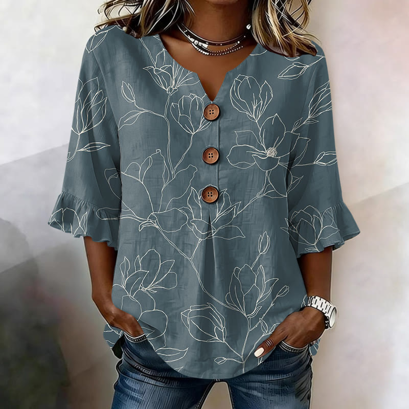Elegant Botanical Print Button V-neck Blouse With Ruffle Sleeves - Blue - US32-34(5XL) - image 1