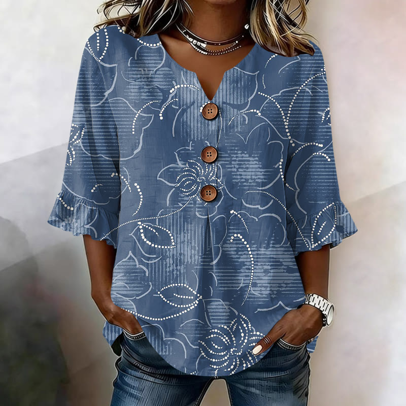 Casual Botanical Print Button V-neck Blouse With Ruffle Sleeves - Blue - US32-34(5XL) - image 1