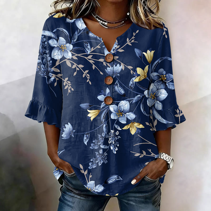 Women's Soft Floral Leaf Print Button V-neck Blouse With Ruffle Sleeves - Blue - US32-34(5XL) - image 1