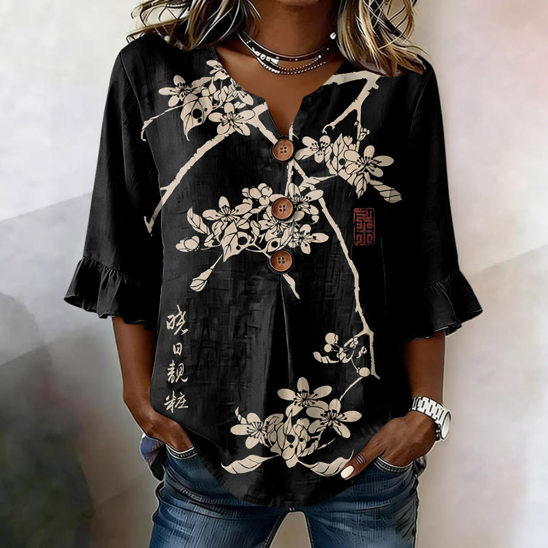 Women's Vintage Botanical Print Button V-neck Blouse With Ruffle Sleeves - Black - US32-34(5XL) - image 5