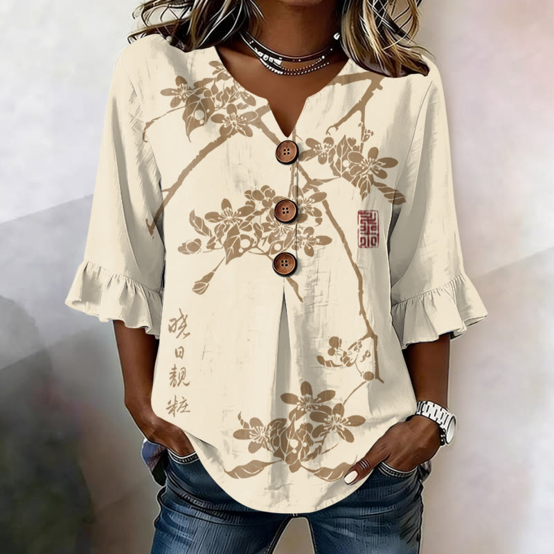 Women's Vintage Botanical Print Button V-neck Blouse With Ruffle Sleeves - Apricot - US32-34(5XL) - image 2