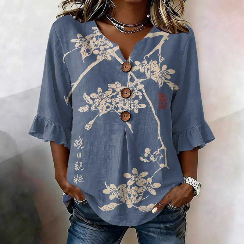Women's Vintage Botanical Print Button V-neck Blouse With Ruffle Sleeves - Blue - US32-34(5XL) - image 1