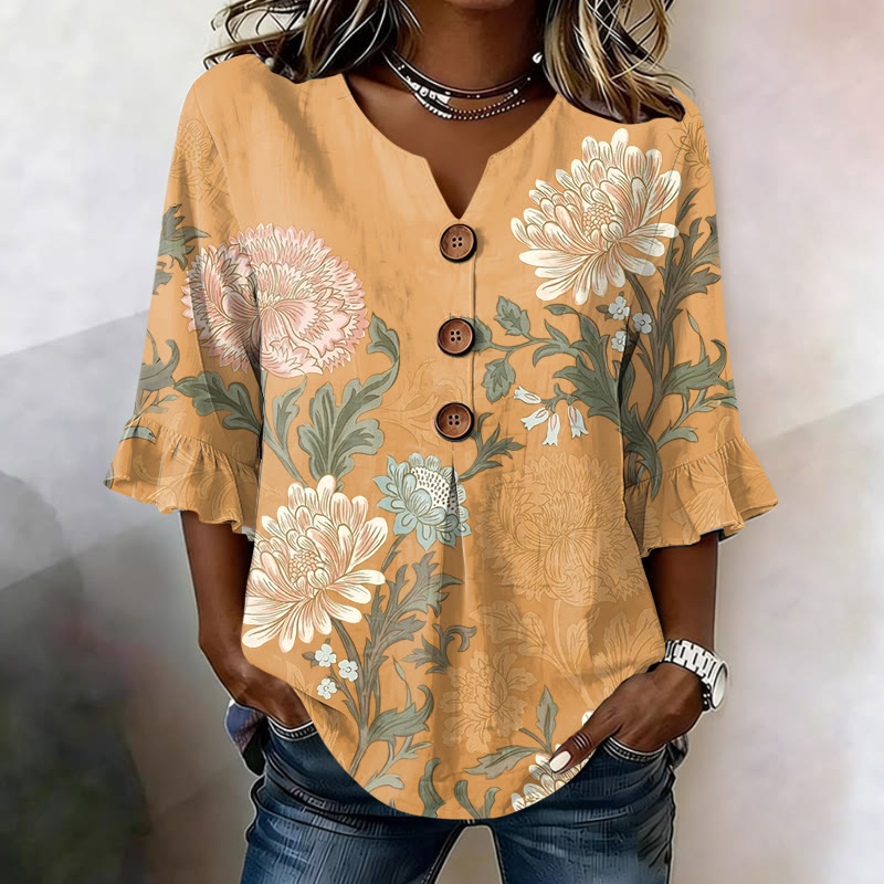 Vintage Style Floral Print Button V-neck Blouse With Ruffle Sleeves - Yellow - US32-34(5XL) - image 2