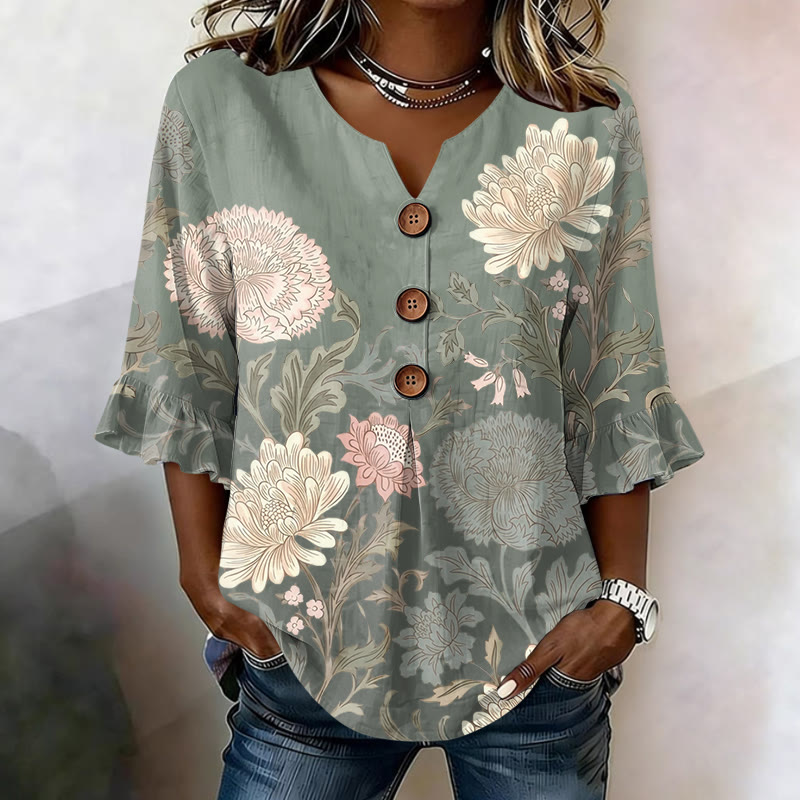 Vintage Style Floral Print Button V-neck Blouse With Ruffle Sleeves - Green - US32-34(5XL) - image 1