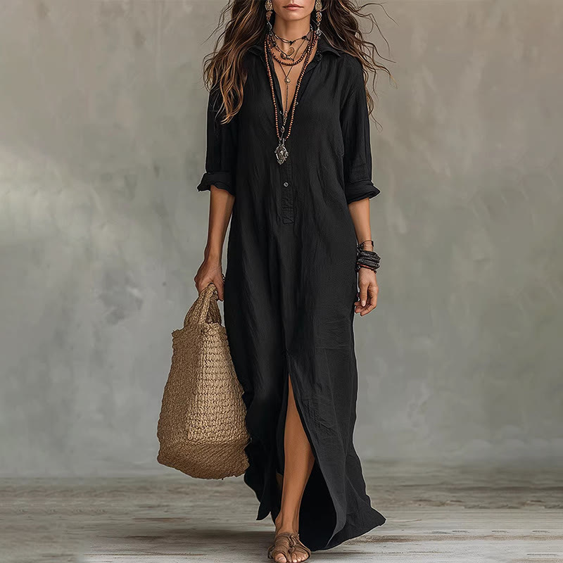 Casual Solid V-neck Lapel Long-sleeve Maxi Dress With Front Slit - Black - 2XL - image 1