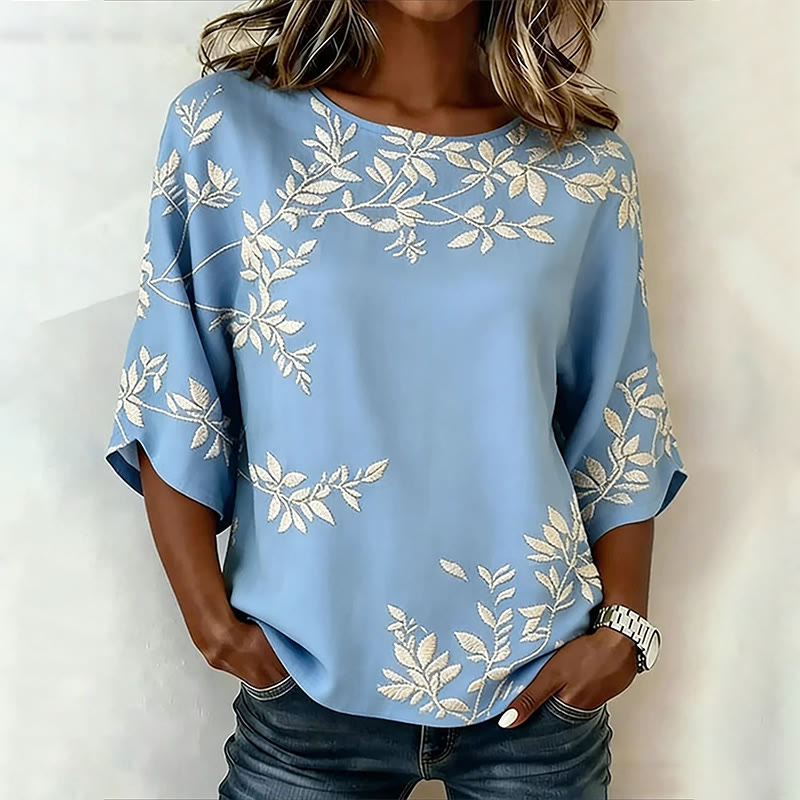 Casual Floral Print Round Neck 3/4 Sleeve Blouse - Sky Blue - 5XL - image 2