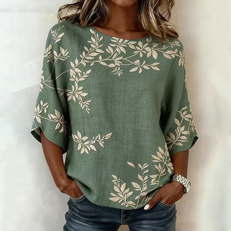 Casual Floral Print Round Neck 3/4 Sleeve Blouse - Green - 5XL - image 1