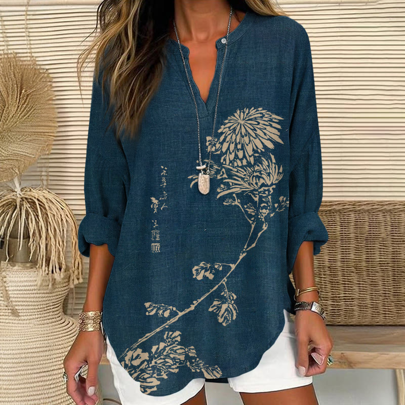 Japanese Vintage Woodblock Chrysanthemum Pattern Print V Neck Long Sleeve Blouse - Navy Blue - 8XL - image 1