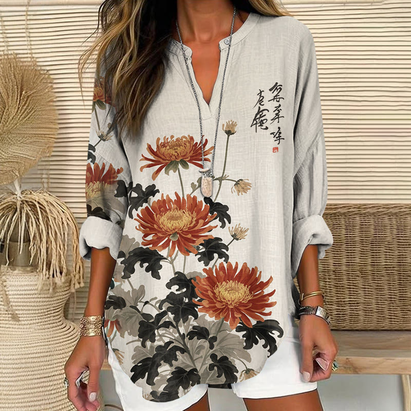 Japanese Vintage Chrysanthemum Pattern Print V Neck Long Sleeve Blouse - Apricot - 8XL - image 1