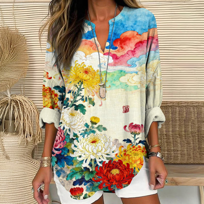 Japanese Ukiyo-e Style Colored Chrysanthemums Pattern Print V Neck Long Sleeve Blouse - Multicolor - 8XL - image 1