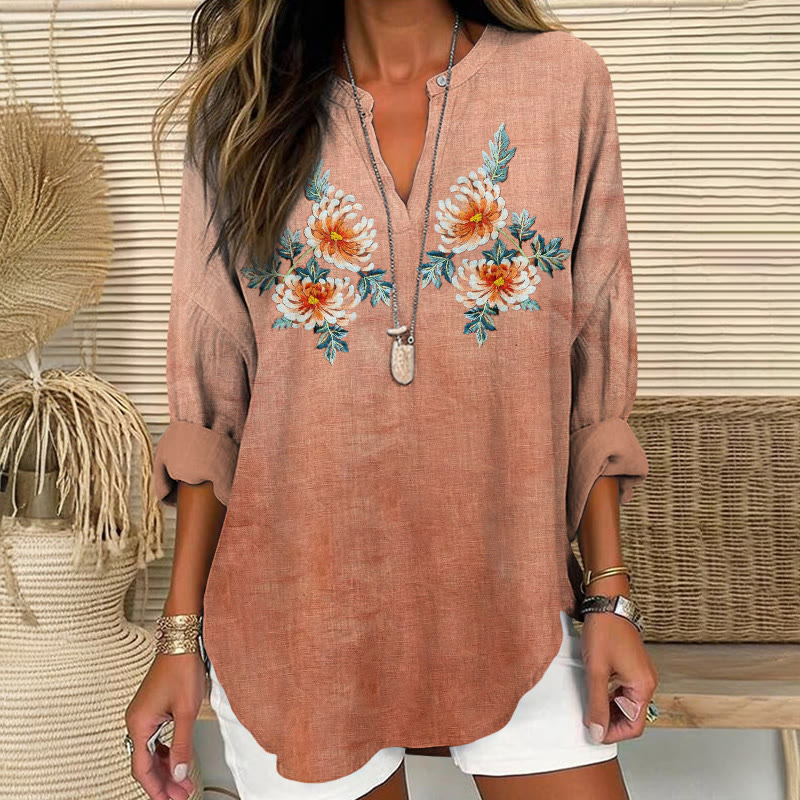 Japanese Gradient Chrysanthemum Pattern Print V Neck Long Sleeve Blouse - Orange - 8XL - image 1