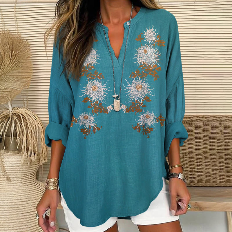 Vintage Boho Chrysanthemum Pattern Print V Neck Long Sleeve Blouse - Lake Blue - 8XL - image 1