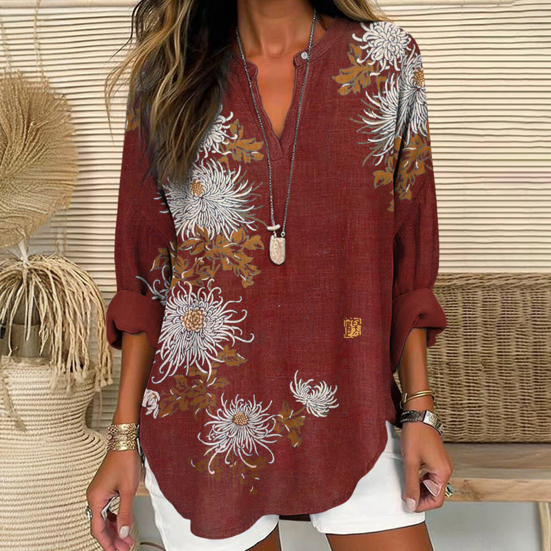 Japanese Elegant Chrysanthemum Pattern Print V Neck Long Sleeve Blouse - Red - 8XL - image 1