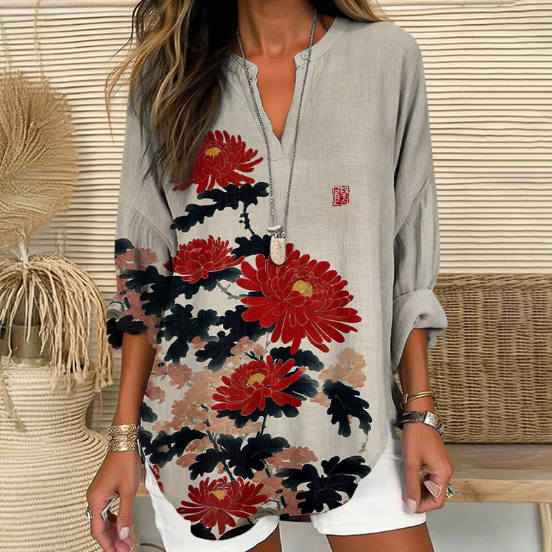 Japanese Classic Chrysanthemum Pattern Print V Neck Long Sleeve Blouse - Apricot - 8XL - image 1