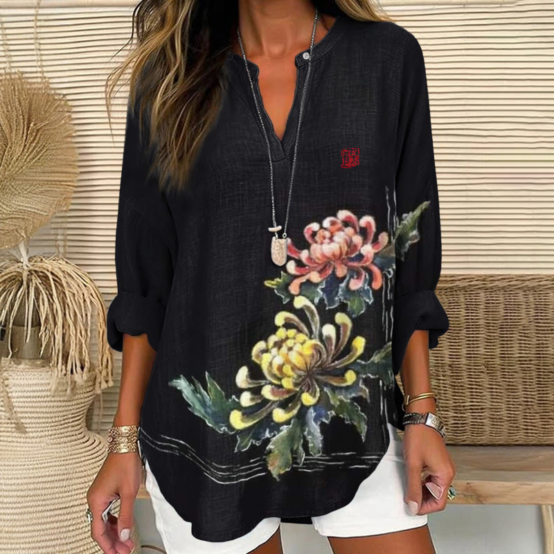 Japanese Colorful Chrysanthemum Painting Pattern Print V Neck Long Sleeve Blouse - Black - 8XL - image 1