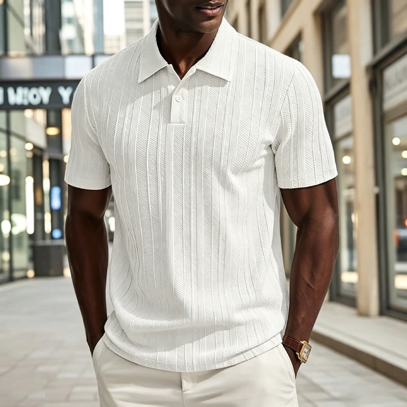 Solid Striped Textured Stretch Short-sleeve Polo Shirt - White - 2XL - image 2