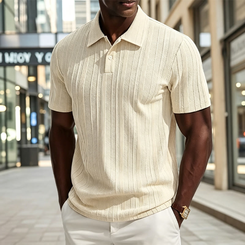 Solid Striped Textured Stretch Short-sleeve Polo Shirt - Beige - 2XL - image 1