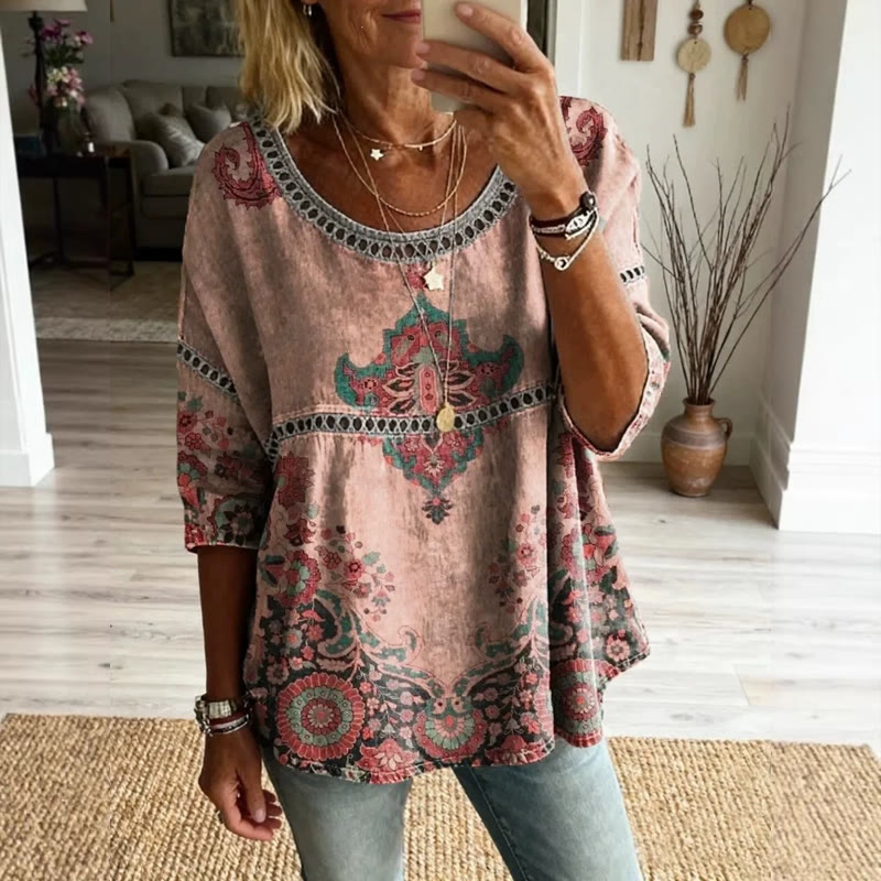 Boho Ethnic Totem Print Openwork Lace Splicing Round Neck Half Sleeve Blouse - Pink - 4XL - image 2