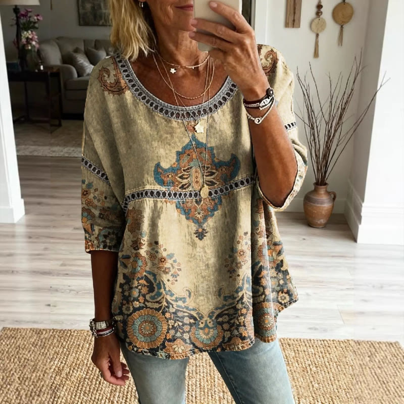 Boho Ethnic Totem Print Openwork Lace Splicing Round Neck Half Sleeve Blouse - Khaki - 4XL - image 1