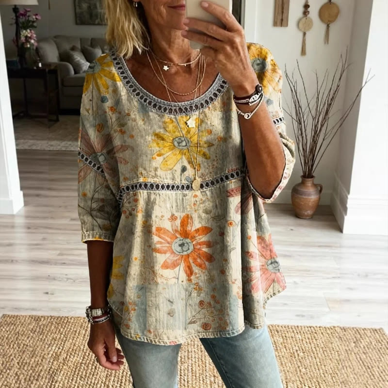 Boho Hippie Floral Print Openwork Lace Splicing Round Neck Half Sleeve Blouse - Apricot - 4XL - image 2