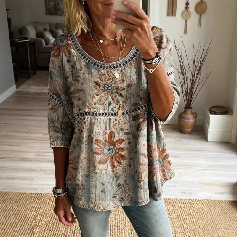 Boho Hippie Floral Print Openwork Lace Splicing Round Neck Half Sleeve Blouse - Light Blue - 4XL - image 1