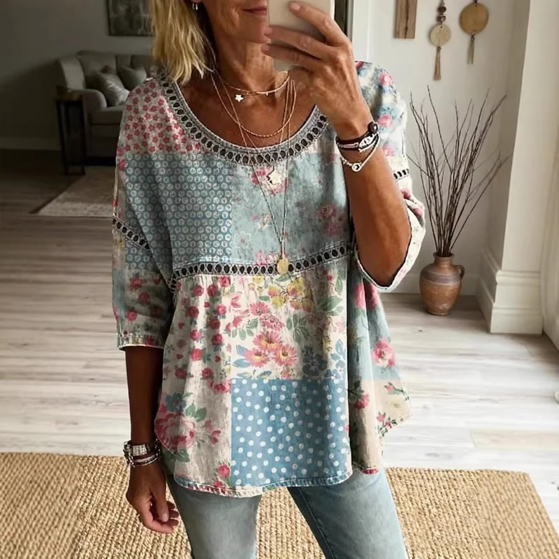 Pastoral Romantic Floral Patchwork Print Openwork Lace Splicing Round Neck Half Sleeve Blouse - Blue - 4XL - image 1