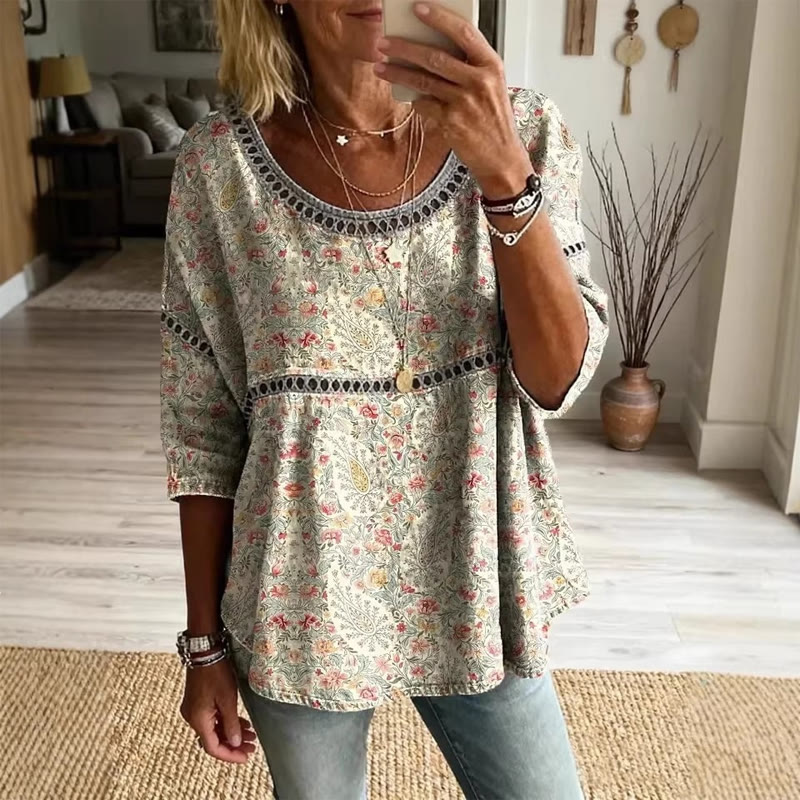 Boho Ethnic Paisley Print Openwork Lace Splicing Round Neck Half Sleeve Blouse - Apricot - 4XL - image 1