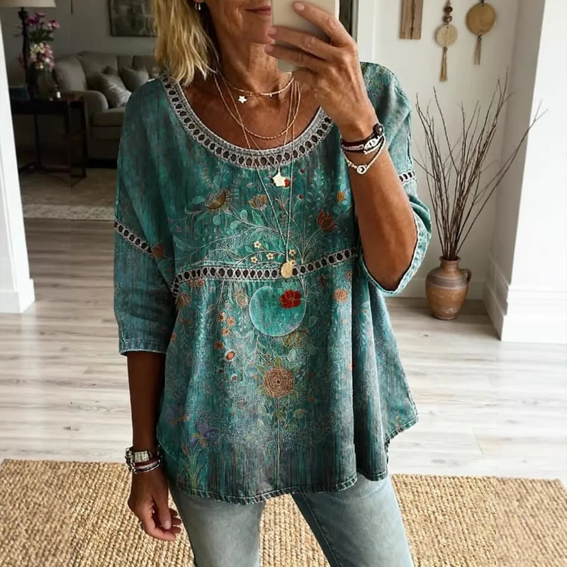 Hippie Floral Print Openwork Lace Splicing Round Neck Half Sleeve Blouse - Green - 4XL - image 1