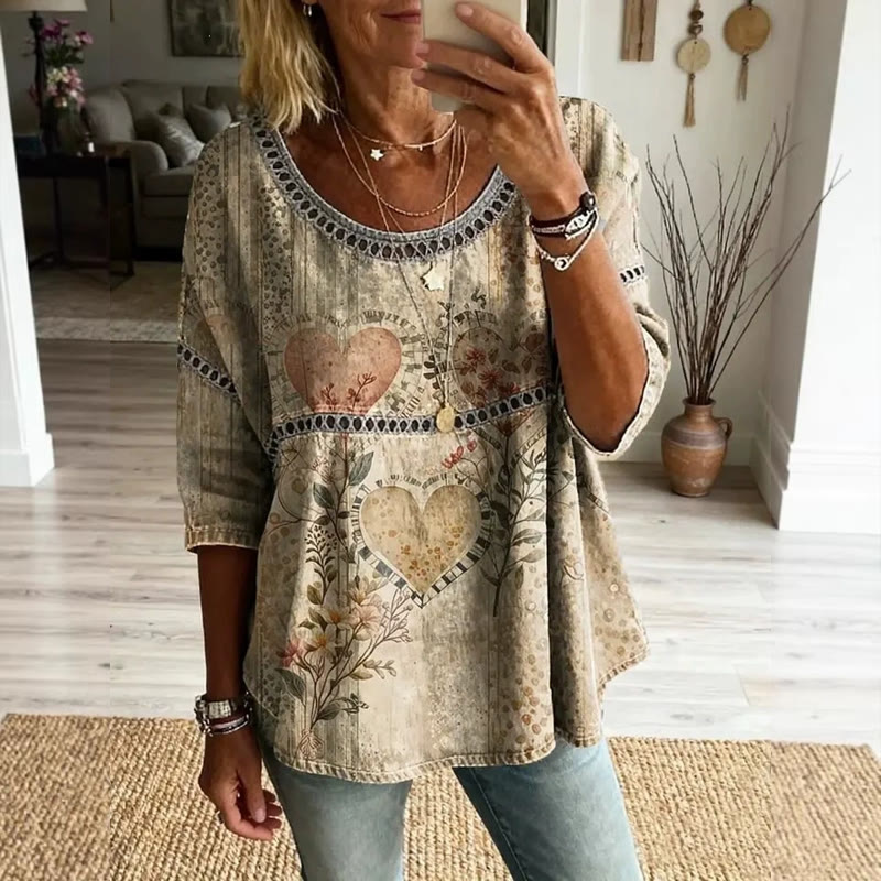 Vintage Hippie Heart Print Openwork Lace Splicing Round Neck Half Sleeve Blouse - Apricot - 4XL - image 1