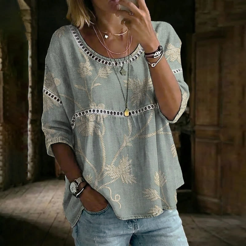 Boho Floral Print Openwork Lace Splicing Round Neck Half Sleeve Blouse - Light Green - 4XL - image 1
