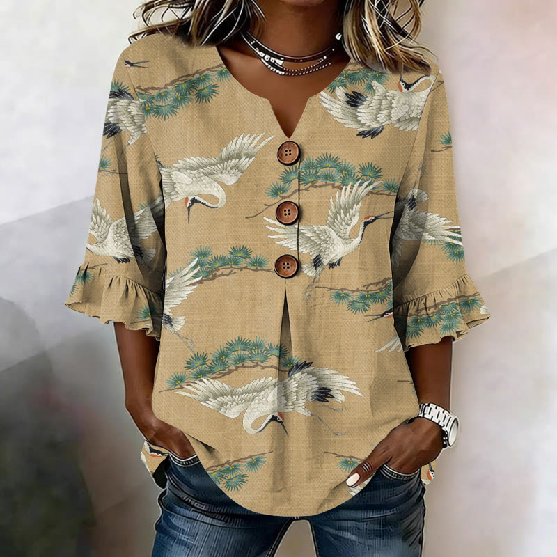 Vintage Japanese Crane-and-pine Pattern Print Button V-neck Blouse With Ruffle Sleeves - Yellow - US32-34(5XL) - image 1