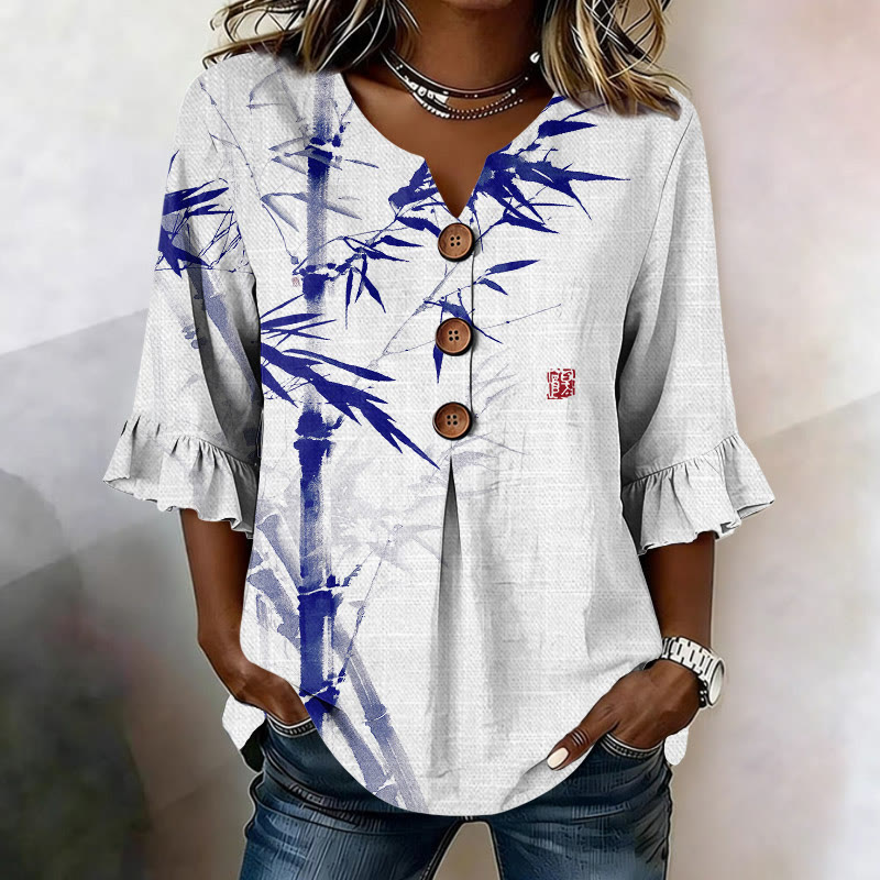 Vintage Japanese Sumi-e Ink Bamboo Pattern Print Button V-neck Blouse With Ruffle Sleeves - Blue - US32-34(5XL) - image 2
