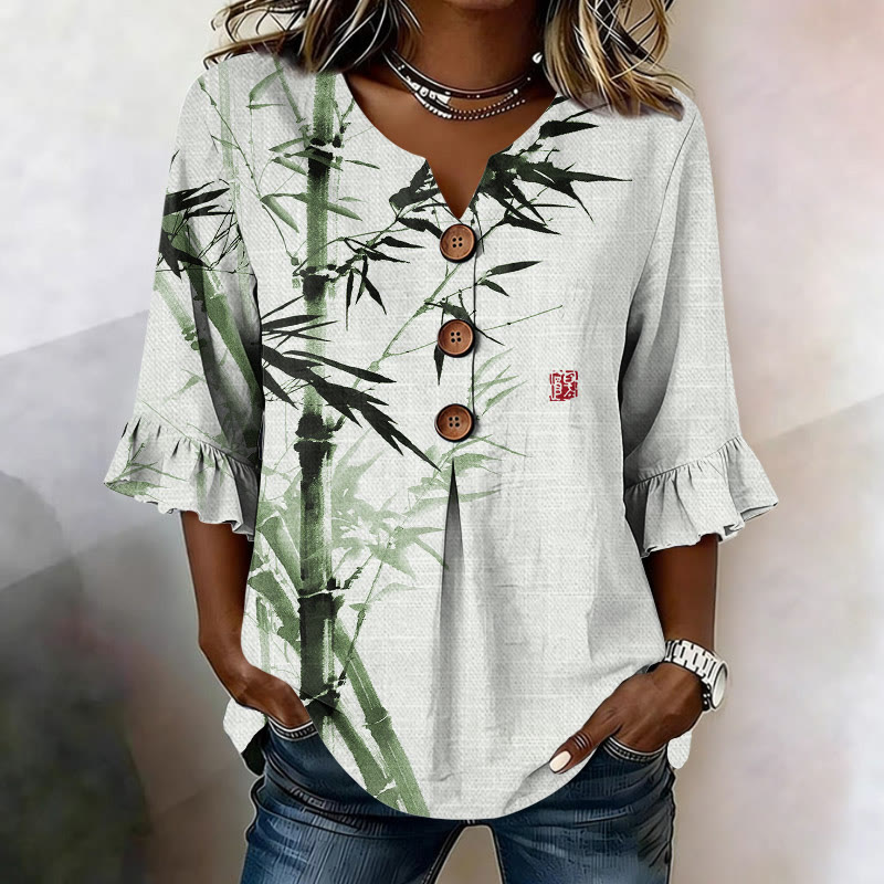 Vintage Japanese Sumi-e Ink Bamboo Pattern Print Button V-neck Blouse With Ruffle Sleeves - Green - US32-34(5XL) - image 1