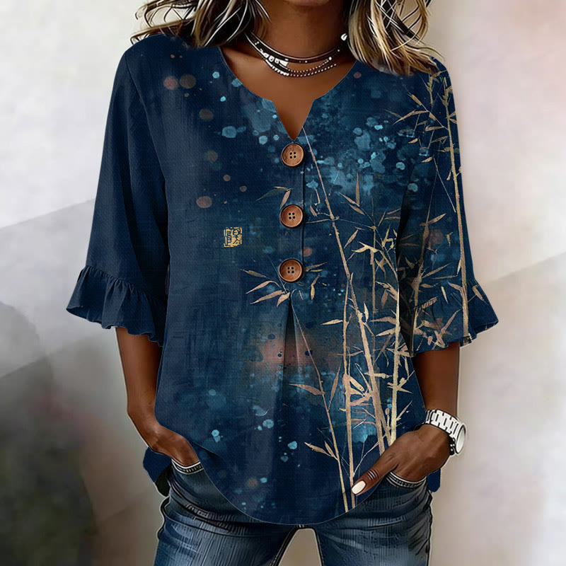Vintage Splashed-ink Bamboo Pattern Print Button V-neck Blouse With Ruffle Sleeves - Navy Blue - US32-34(5XL) - image 2
