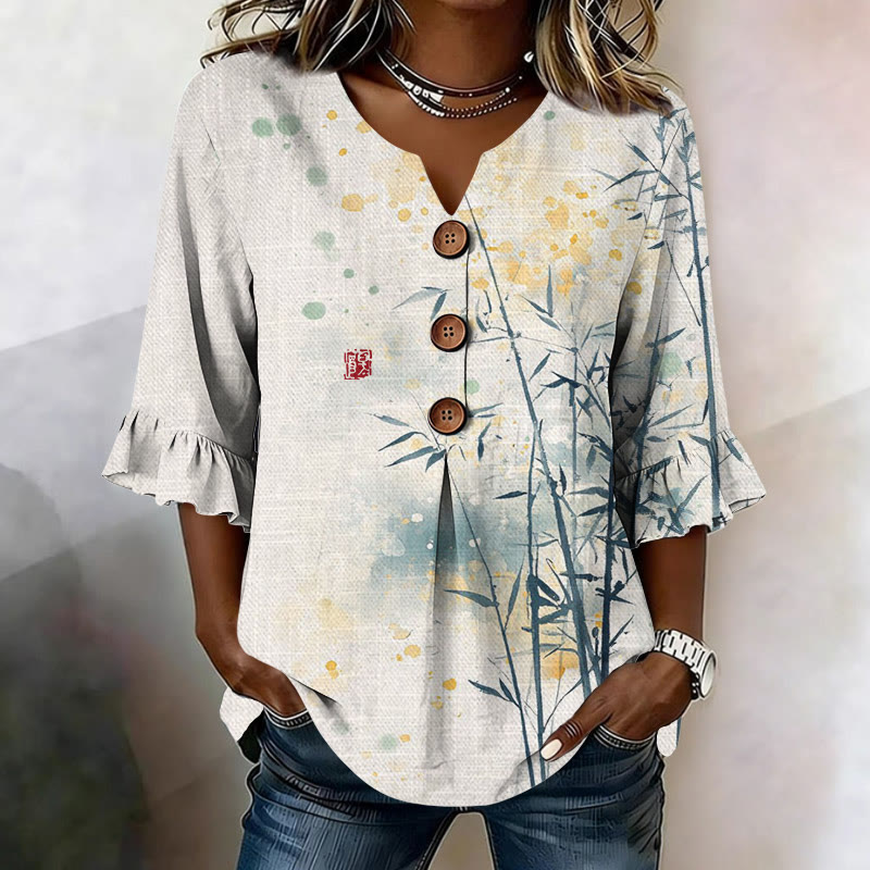 Vintage Splashed-ink Bamboo Pattern Print Button V-neck Blouse With Ruffle Sleeves - White - US32-34(5XL) - image 1