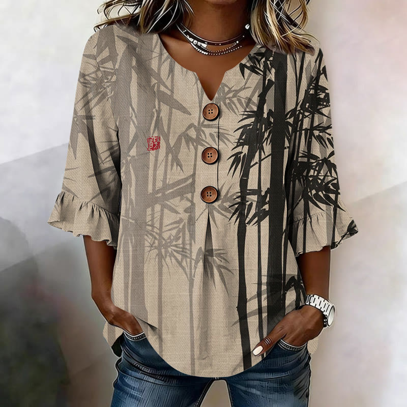 Vintage Ink Bamboo And Silhouettes Pattern Print Button V-neck Blouse With Ruffle Sleeves - Apricot - US32-34(5XL) - image 1