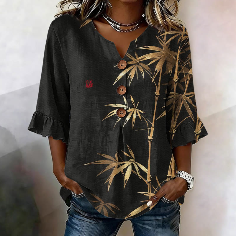 Vintage Mysterious Golden Bamboo Pattern Print Button V-neck Blouse With Ruffle Sleeves - Black - US32-34(5XL) - image 1