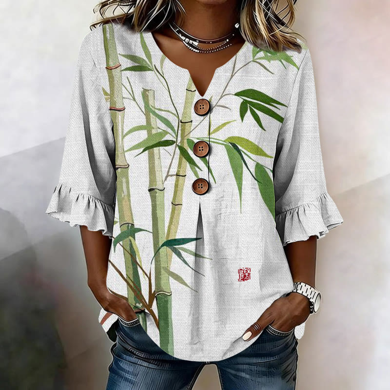 Minimalist Bamboo Pattern Print Button V-neck Blouse With Ruffle Sleeves - White - US32-34(5XL) - image 1