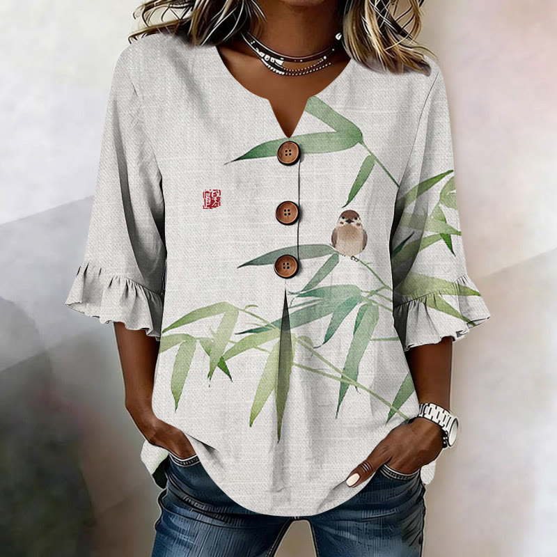 Watercolor Bamboo Leaves And A Bird Pattern Print Button V-neck Blouse With Ruffle Sleeves - Apricot - US32-34(5XL) - image 1
