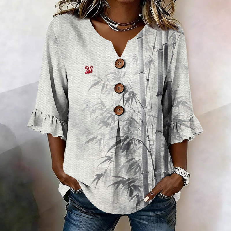 Vintage Dense Ink Bamboo Pattern Print Button V-neck Blouse With Ruffle Sleeves - Grey - US32-34(5XL) - image 1