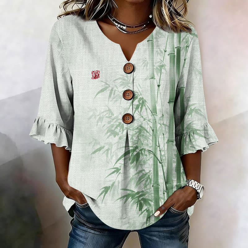 Vintage Dense Ink Bamboo Pattern Print Button V-neck Blouse With Ruffle Sleeves - Light Green - US32-34(5XL) - image 2