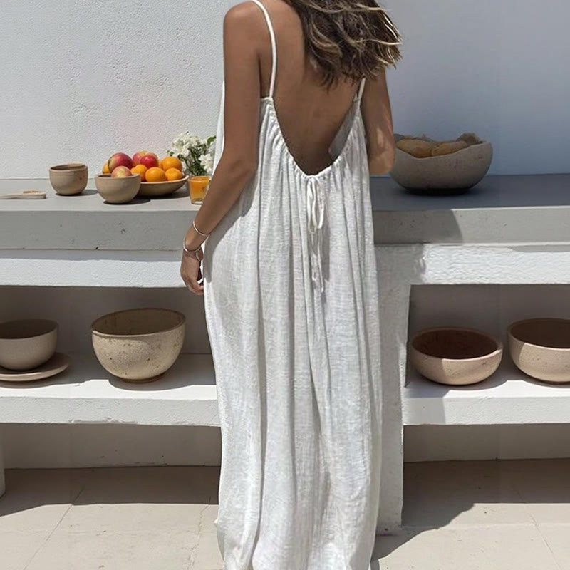 Loose Solid Color Adjustable Tie Strap Vacation Dress - White - 5XL - image 1